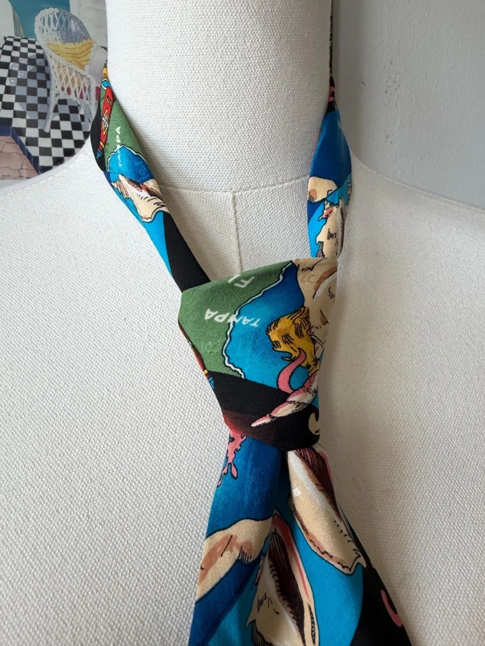 Vintage Nicole Miller 1994 Silk Neck Tie Vacation Print, Seafood, Whimsical